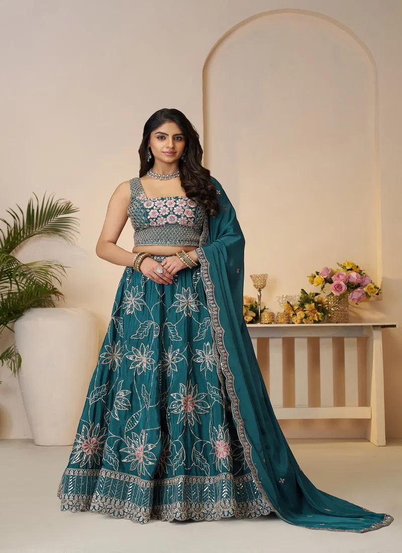 Kf 28 Blue Satin Silk Sequin Work Bridal Lehenga Wholesale Market In Surat